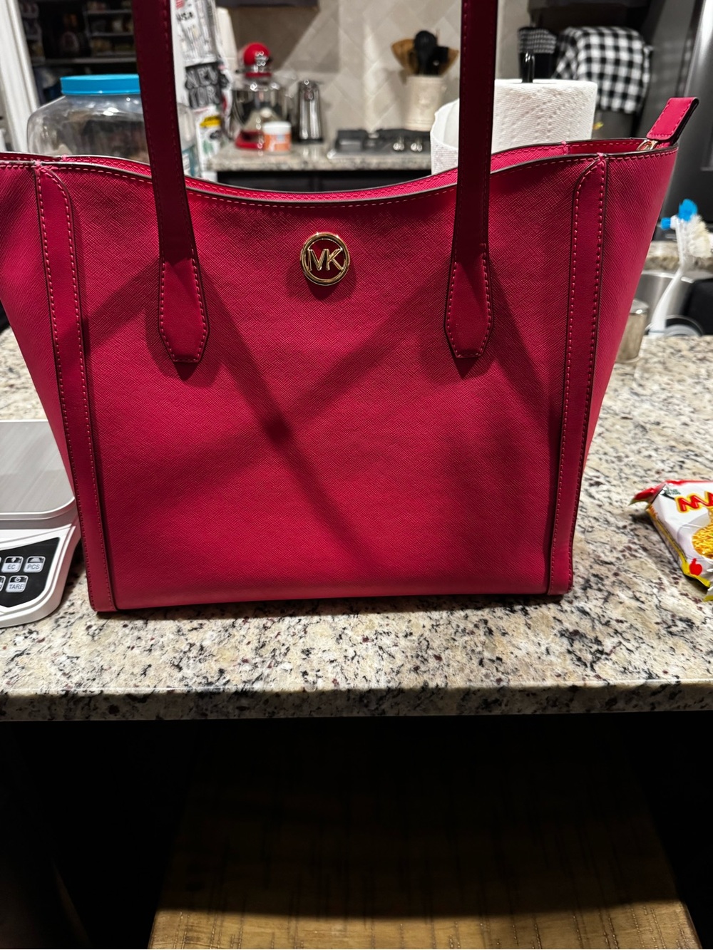 Michael Kors Hot Pink Saffiano Leather Tote with Gold MK Emblem